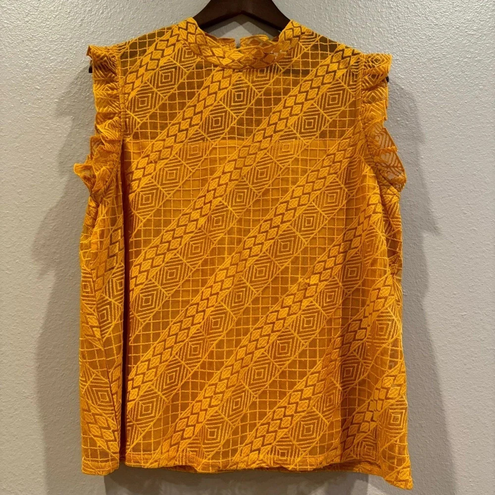 Calligraphie Yelow Goldenrod Lace Sleeveless Ruffle Sleeve Top High Neck Sz‎ XL